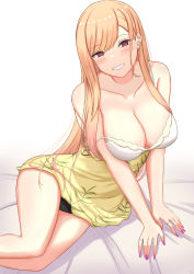 Rule 34 | 1girl, absurdres, bare legs, bare shoulders, black panties, blonde hair, breasts squeezed together, breasts, cleavage, collarbone, covered erect nipples, dress, elina (eri15), feet out of frame, grin, highres, kitagawa marin, large breasts, long hair, looking at viewer, lying, on side, panties, pantyshot, red eyes, smile, solo, sono bisque doll wa koi wo suru, strap slip, underwear, very long hair