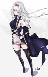 Rule 34 | 1girl, azur lane, boots, breasts, coat, colorado (azur lane), commentary, cross-laced footwear, full body, high collar, looking at viewer, red eyes, sideboob, solo, standing, strap, thigh boots, thighhighs, white background, white hair, zettai ryouiki, zhzhrs