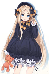 Rule 34 | 1girl, abigail williams (fate), black bow, black dress, black headwear, blonde hair, bloomers, blue eyes, blush, bow, coria, dress, fate/grand order, fate (series), forehead, hair bow, holding, holding stuffed toy, long hair, looking at viewer, multiple hair bows, open mouth, orange bow, parted bangs, polka dot, polka dot bow, simple background, sleeves past fingers, sleeves past wrists, solo, stuffed animal, stuffed toy, teddy bear, thighs, underwear, white background, white bloomers