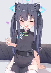 Rule 34 | 1girl, animal ears, ayuka (ayk8tk), black dress, black hair, blue archive, blue halo, blush, china dress, chinese clothes, cowboy shot, dress, extra ears, halo, highres, long hair, open mouth, short sleeves, shun (blue archive), shun (small) (blue archive), sitting, smile, solo, thighhighs, twintails, white thighhighs