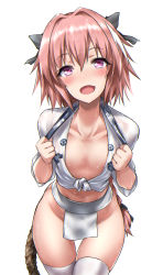 Rule 34 | 1boy, :d, astolfo (fate), black bow, black ribbon, blush, bow, braid, collarbone, fang, fate/apocrypha, fate (series), front-tie top, fundoshi, hair between eyes, hair bow, hair intakes, hair ribbon, hands up, head tilt, highres, japanese clothes, long hair, long sleeves, looking at viewer, male focus, male underwear, midriff, multicolored hair, navel, open mouth, pectorals, pink hair, purple eyes, ribbon, rope, shirt, simple background, single braid, skin fang, smile, solo, standing, stomach, streaked hair, sweat, tango (tn500), thigh gap, thighhighs, towel, towel around neck, trap, underwear, white background, white hair, white male underwear, white shirt, white thighhighs