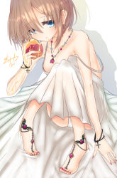 Rule 34 | 1girl, alternate costume, bare shoulders, barefoot, blanc, blanc (neptunia), blue eyes, breasts, brown hair, dress, feet, flat chest, food, frown, fruit, highres, holding, holding food, holding fruit, jewelry, looking at viewer, nail polish, necklace, neptune (series), panties, peach, ryuu (pikagomi), shoulder strap, simple background, sitting, small breasts, solo, strap slip, toes, underwear, white background, white dress, white panties