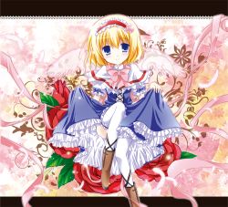 Rule 34 | 1girl, alice margatroid, bad id, bad pixiv id, blonde hair, blue eyes, boots, capelet, clothes lift, dress, dress lift, female focus, flower, hairband, letterboxed, ribbon, rose, solo, thighhighs, touhou, white-brown, white thighhighs, wings