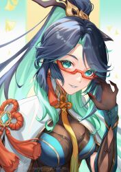 Rule 34 | 1girl, absurdres, aqua eyes, aqua hair, aqua lips, blue hair, breasts, capelet, chinnpou, cloud retainer (genshin impact), colored inner hair, commentary request, genshin impact, glasses, grin, hand up, highres, looking at viewer, medium breasts, multicolored hair, parted lips, red-framed eyewear, smile, solo, upper body, white capelet, xianyun (genshin impact)