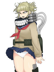 Rule 34 | 1girl, absurdres, asha, belt, belt pouch, black mask, blonde hair, blue sailor collar, blue skirt, blunt bangs, boku no hero academia, breasts, brown cardigan, cardigan, commentary request, cowboy shot, double bun, green belt, grey background, hair bun, highres, hose, looking down, messy hair, miniskirt, neckerchief, open mouth, panties, pantyshot, pleated skirt, pouch, red neckerchief, sailor collar, school uniform, serafuku, short bangs, short hair, sidelocks, simple background, skirt, slit pupils, small breasts, solo, tank (container), teeth, toga himiko, underwear, white panties, wind, wind lift, yellow eyes