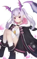 Rule 34 | 1girl, amashiro natsuki, animal ears, animal hood, arknights, bandaged leg, bandages, black footwear, black jacket, blue nails, boots, closed mouth, collarbone, commentary request, dog tags, fake animal ears, fur-trimmed hood, fur trim, hair ornament, hairclip, head wings, highres, hood, hood down, hooded jacket, jacket, knees up, long hair, long sleeves, looking at viewer, manticore (arknights), nail polish, open clothes, open jacket, petals, pointy ears, purple hair, purple wings, rabbit ears, rabbit hood, red eyes, shirt, sitting, sleeves past wrists, socks, solo, twintails, white shirt, white socks, wide sleeves, wings