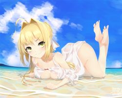 Rule 34 | 1girl, ahoge, arched back, ass, bare shoulders, barefoot, beach, blonde hair, blue sky, blush, braid, breasts, cleavage, closed mouth, collarbone, day, dress, fate/grand order, fate (series), feet up, french braid, gown, green eyes, hair between eyes, hair bun, hair intakes, hair ribbon, large breasts, legs, long hair, looking at viewer, lying, nero claudius (fate), nero claudius (fate) (all), nero claudius (swimsuit caster) (fate), nero claudius (swimsuit caster) (third ascension) (fate), ocean, on stomach, ribbon, single hair bun, sky, smile, soles, solo, suryua, toes, white ribbon