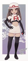 Rule 34 | 1girl, alternate costume, black footwear, black gloves, black shirt, blurry, blurry background, boots, border, breasts, brown hair, bucket hat, commission, cosplay, creatures (company), cropped jacket, elbow gloves, formal, full body, game freak, gloves, hand on own hip, hat, highres, holding, holding poke ball, jacket, jessie (pokemon), jessie (pokemon) (cosplay), lamb-oic029, leaf (pokemon), long hair, looking at viewer, midriff, miniskirt, navel, nintendo, open mouth, outside border, patterned background, pencil skirt, poke ball, pokemon, pokemon (anime), pokemon frlg, porkpie hat, purple border, shirt, short sleeves, sidelocks, single letter, skeb commission, skirt, smile, solo, standing, suit, team rocket, team rocket uniform, thigh boots, thighhighs, white background, white jacket, white skirt, yellow eyes, zettai ryouiki