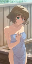 Rule 34 | 10s, 1girl, absurdres, arm at side, bare arms, bare shoulders, blue eyes, breasts, closed mouth, collarbone, covered navel, covering privates, cowboy shot, eyelashes, fence, green eyes, green hair, hand on own chest, head tilt, heterochromia, highres, idolmaster, idolmaster cinderella girls, lips, looking at viewer, medium breasts, naked towel, nude cover, ochiaki, see-through, short hair, sideboob, smile, solo, standing, takagaki kaede, thighs, towel, tsurime, water, wet towel, wooden fence