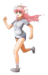 Rule 34 | 00s, 1girl, :o, bad id, bad pixiv id, bare legs, clenched hands, full body, galaxy angel, gym uniform, long hair, milfeulle sakuraba, nyama, open mouth, pink hair, running, shoes, simple background, solo, sportswear, uwabaki, white background