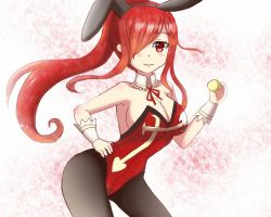 Rule 34 | 1girl, animal ears, bare shoulders, blush, breasts, rabbit ears, cleavage, detached collar, detached sleeves, envy (artist), erza scarlet, fairy tail, large breasts, long hair, pantyhose, ponytail, red hair, solo