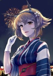 Rule 34 | 10s, 1girl, alternate costume, breasts, brown eyes, brown hair, commentary request, ebizome, festival, fireworks, flower, gloves, hair flower, hair ornament, headgear, japanese clothes, kantai collection, kimono, looking at viewer, medium breasts, mutsu (kancolle), night, night sky, obi, official style, open mouth, outdoors, sash, short hair, sky, smoke, solo, striped clothes, striped kimono, white gloves, wide sleeves, yukata