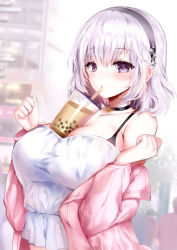 Rule 34 | 1girl, blush, breasts, bubble tea, bubble tea challenge, choker, collarbone, cup, day, disposable cup, drink, drinking, drinking straw, hairband, hands up, jacket, large breasts, long hair, looking at viewer, mafuyu (kanden shoujyo), object on breast, off shoulder, open clothes, open jacket, original, outdoors, pink jacket, purple eyes, silver hair, solo, yuuri (mafuyu)