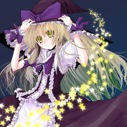 Rule 34 | 1girl, beshi, blonde hair, bow, female focus, frills, hair bow, hand on headwear, hat, kirisame marisa, long hair, lowres, smile, solo, star (symbol), touhou, witch hat, wrist cuffs, yellow eyes
