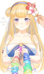 Rule 34 | 1girl, absurdres, adjusting hair, admiral (kancolle), artist name, bikini, blonde hair, blue bikini, blush, breasts, character name, cleavage, cowboy shot, dated, double bun, fletcher (kancolle), flower, flower collar, hair bun, hair flower, hair ornament, hairband, highres, kantai collection, large breasts, long hair, looking at another, navel, out of frame, purple eyes, rom (rommmoon), signature, smile, swimsuit