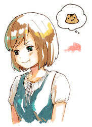 Rule 34 | 1girl, :t, blue eyes, bob cut, breasts, brown hair, looking away, neck ribbon, nishii (pixiv4603624), pout, protagonist (tokimemo gs2), ribbon, short hair, short sleeves, simple background, solo, spoken animal, squiggle, swept bangs, thought bubble, tokimeki memorial, tokimeki memorial girl&#039;s side 2nd kiss, upper body, white background