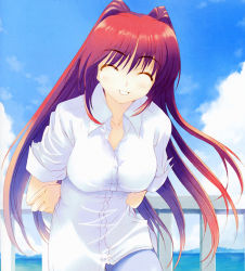Rule 34 | 00s, 1girl, ^ ^, amazuyu tatsuki, arms behind back, breasts, closed eyes, dress shirt, kousaka tamaki, large breasts, leaning forward, long hair, red hair, shirt, sleeves pushed up, sleeves rolled up, smile, solo, to heart (series), to heart 2, very long hair