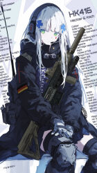 Rule 34 | 1girl, assault rifle, closed mouth, commentary, commentary request, cross hair ornament, english text, german flag, girls&#039; frontline, gloves, green eyes, gun, h&amp;k hk416, hair ornament, headphones, heckler &amp; koch, highres, hk416 (girls&#039; frontline), its (pixiv 61283676), knee pads, long hair, microphone, rifle, simple background, sitting, solo, teardrop facial mark, teardrop tattoo, weapon, white gloves, white hair