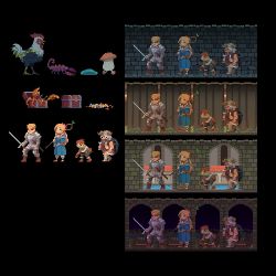 Rule 34 | 1girl, 3boys, arch, armor, bird, black background, blonde hair, blue robe, brick wall, buchumilk, chicken, chilchuck tims, dungeon meshi, fake horns, fighting stance, fork, gold, grass, hallway, helmet, holding, holding fork, holding knife, holding staff, holding sword, holding weapon, horned helmet, horns, knife, laios touden, leaning forward, lineup, lobster, long hair, long sleeves, marcille donato, multiple boys, multiple views, night, pants, pixel art, robe, rooster, scorpion, senshi (dungeon meshi), shin guards, simple background, sleeveless, slime (creature), staff, standing, sword, treasure chest, variations, walking mushroom (dungeon meshi), water, weapon, wok, wrist cuffs