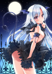 Rule 34 | 1girl, aoshima kanae, ass, black dress, blue wings, blush, breasts, closed mouth, demon girl, demon tail, demon wings, dress, fang, fang out, frilled dress, frills, full moon, grey hair, head wings, highres, leaning forward, long hair, looking at viewer, looking to the side, medium breasts, moon, night, night sky, no panties, original, outdoors, parted bangs, red eyes, sideboob, single hair intake, sky, smile, solo, star (sky), starry sky, tail, very long hair, wings, wrist cuffs