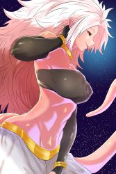 Rule 34 | 1girl, android 21, bad id, bad pixiv id, bare shoulders, black sclera, bracelet, breasts, bridal gauntlets, colored sclera, colored skin, covered erect nipples, cowboy shot, dragon ball, dragon ball fighterz, eyebrows, facing away, fang, from side, groin, harem pants, highres, jewelry, large breasts, long hair, looking away, looking to the side, majin android 21, messy hair, navel, neck ring, open mouth, pants, pink skin, pointy ears, red eyes, smile, solo, standing, stomach, strapless, tail, tatsuumi, teeth, tongue, tongue out, tube top, very long hair, white hair, white pants
