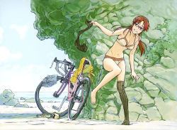 Rule 34 | 00s, 1girl, absurdres, against wall, bare shoulders, barefoot, beach, bicycle, blue eyes, bra, breasts, brown hair, cleaned, cleavage, day, evangelion: 2.0 you can (not) advance, exhibitionism, flat tire, full body, glasses, hairband, highres, hiramatsu tadashi, legs, lingerie, long hair, makinami mari illustrious, medium breasts, navel, neon genesis evangelion, ocean, official art, panties, public indecency, rebuild of evangelion, single thighhigh, smile, sock pull, solo, standing, standing on one leg, thighhighs, underwear, underwear only, undressing