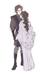 Rule 34 | 1boy, 1girl, anakin skywalker, animification, blush, boots, brown hair, closed mouth, couple, gloves, hetero, highres, holding hands, padme amidala, scar, scar across eye, simple background, single glove, smile, star wars, star wars: revenge of the sith, white background, wkqns2