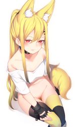 Rule 34 | 1girl, animal ear fluff, animal ears, bad id, bad pixiv id, bare shoulders, black gloves, black thighhighs, blonde hair, borrowed character, bottomless, collar, commentary request, extra ears, female pubic hair, fingerless gloves, fox ears, fox tail, gloves, hair between eyes, highres, long hair, navel, off shoulder, original, otokuyou, ponytail, pubic hair, red eyes, shirt, simple background, sitting, smile, solo, tail, thighhighs, two-tone legwear, very long hair, white background, white shirt, yellow thighhighs