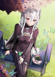 Rule 34 | 1girl, a (sofi3103), absurdres, bad id, bad pixiv id, black cape, black dress, blush, breasts, bug, butterfly, butterfly hair ornament, cape, closed mouth, cup, day, dress, echidna (re:zero), feet out of frame, from above, grass, hair between eyes, hair ornament, highres, insect, long hair, long sleeves, looking at viewer, looking up, medium breasts, outdoors, purple eyes, re:zero kara hajimeru isekai seikatsu, saucer, silver hair, sitting, smile, solo, spoon, tea, teacup, very long hair