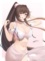 Rule 34 | 1girl, artist name, bikini, breasts, brown hair, cleavage, collarbone, gradient background, hair intakes, highres, kantai collection, large breasts, long hair, looking at viewer, navel, odachu, official alternate costume, pink background, pink eyes, ponytail, sarong, scrunchie, sidelocks, solo, swimsuit, very long hair, white bikini, yamato (kancolle), yamato kai ni (kancolle)