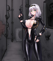 Rule 34 | 1girl, absurdres, alley, alternate costume, biker clothes, bikesuit, black bodysuit, black gloves, blush, bodysuit, breasts, chest harness, chinese commentary, circlet, cleavage, closed mouth, commentary request, cowboy shot, fingerless gloves, gloves, graffiti, green eyes, gun, hair between eyes, handgun, harness, highres, holding, holding gun, holding weapon, hololive, industrial pipe, large breasts, looking at viewer, medium hair, navel, pistol, shirogane noel, skin tight, smile, solo, unzipped, virtual youtuber, weapon, white hair, yeklsa