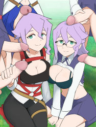 Rule 34 | 6+girls, bra, breasts, cleavage, clothes, clothes lift, croix meridies, diooksan, erection, futa with female, futanari, glasses, grabbing, green eyes, group sex, highres, large breasts, large penis, little witch academia, multiple girls, multiple penises, oksandio, penis, penis grab, penis on head, purple hair, smile, surrounded by penises, testicles, underwear