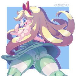Rule 34 | 1girl, absurdres, artist name, ass, bent over, blonde hair, blue eyes, blush, cameltoe, cleft of venus, dress, embarrassed, fat mons, from behind, green pantyhose, hairband, heart cheeks, highres, horns, kaikoinu, looking at viewer, looking back, no panties, open mouth, pantyhose, simple background, solo, star butterfly, star vs the forces of evil, uncensored, white background