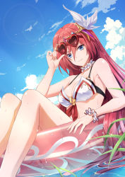 Rule 34 | 1girl, adjusting eyewear, afloat, alexiel (summer) (granblue fantasy), bikini, bikini skirt, blue eyes, breasts, choker, closed mouth, cloud, collarbone, commentary request, feet out of frame, frilled choker, frills, godsworn alexiel, granblue fantasy, hair ornament, heart, heart-shaped eyewear, highres, innertube, jiman, lens flare, lips, long hair, looking at viewer, medium breasts, o-ring, o-ring top, outdoors, red hair, sky, smile, solo, sparkle, swim ring, swimsuit, transparent, wet, wet hair, white bikini