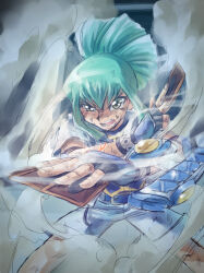 Rule 34 | 1boy, artist request, card, duel disk, dust, green hair, injury, jacket, long hair, lua (yu-gi-oh!), playing card, ponytail, serious, shorts, solo, standing, yellow eyes, yu-gi-oh!, yu-gi-oh! 5d&#039;s