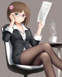 Rule 34 | 10s, 1girl, adjusting eyewear, bespectacled, black jacket, black pantyhose, breasts, brown hair, chair, cleavage, collarbone, collared shirt, crossed legs, cup, disposable cup, eyebrows, formal, glasses, goribote, green eyes, grey background, hair ornament, hairpin, hand up, holding, holding paper, idolmaster, idolmaster cinderella girls, jacket, legs, long sleeves, maekawa miku, mug, office lady, pantyhose, paper, parted bangs, pencil skirt, red-framed eyewear, shirt, short hair, simple background, sitting, sittong, skirt, skirt suit, sleeve cuffs, solo, steam, suit, table, tareme, text focus, white shirt