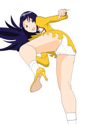 Rule 34 | 1990s (style), 1girl, absurdres, agent aika, aika (series), artist request, bad anatomy, blue hair, brown eyes, delmo, dress, female focus, from below, golden delmo, highres, leg lift, legs, long hair, long sleeves, looking down, miniskirt, open mouth, panties, pantyshot, retro artstyle, rie petoriyacowa, short dress, simple background, skirt, solo, traditional media, underwear, uniform, upskirt, very long hair, white background, white panties