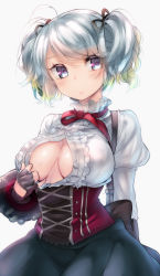 Rule 34 | 10s, 1girl, blue eyes, blue hair, blush, breasts, ciel alencon, cleavage, cleavage cutout, clothing cutout, corset, covered erect nipples, god eater, god eater 2: rage burst, highres, large breasts, matching hair/eyes, naso4, no bra, open clothes, open shirt, parted lips, shirt, silver hair, simple background, solo, sweat, underbust, white background