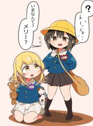 Rule 34 | 2girls, aged down, bag, barefoot, black hair, black skirt, blonde hair, blush, cat, child, commentary request, doll, flying sweatdrops, hand on own chest, hat, highres, holding, holding doll, kyuukei usagi, long hair, long sleeves, looking at another, maribel hearn, multiple girls, name tag, open mouth, pleated skirt, school hat, school uniform, short hair, shoulder bag, sitting, skirt, speech bubble, standing, stuffed animal, stuffed toy, sweatdrop, teddy bear, touhou, translated, usami renko, wariza, white skirt, yellow eyes