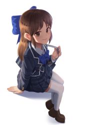 Rule 34 | 1girl, absurdres, arm support, bag, blk swdmn, blue bow, blue skirt, blush, bow, brown eyes, brown footwear, brown hair, collared shirt, duffel bag, eyebrows, full body, goback, grin, hair bow, highres, idolmaster, idolmaster cinderella girls, loafers, long hair, long sleeves, looking at viewer, parted lips, shirt, shoes, skirt, smile, solo, tachibana arisu, thighhighs, white shirt, white thighhighs