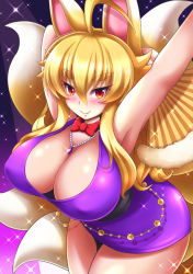 Rule 34 | 1girl, ahoge, animal ears, armpits, arms up, bare arms, bare shoulders, blonde hair, blush, bow, bowtie, breasts, cleavage, closed mouth, cowboy shot, dress, folding fan, fox ears, fox tail, hair between eyes, hand fan, holding, holding fan, izuna (shinrabanshou), jewelry, kittan (cve27426), large breasts, leaning forward, long hair, looking at viewer, multiple tails, orange eyes, pendant, purple dress, red bow, red bowtie, shinrabanshou, short dress, sidelocks, smile, solo, tail