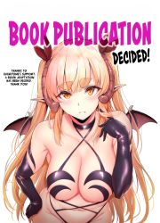 Rule 34 | 1girl, armpit crease, bare shoulders, bat wings, blonde hair, blush, breasts, choker, cleavage, closed mouth, collarbone, criss-cross halter, demon girl, demon horns, elbow gloves, english text, fang, fang out, frown, gentsuki, gloves, groin, hair ribbon, halterneck, hand on own hip, highres, horns, lily (gentsuki), long hair, looking at viewer, medium breasts, navel, orange eyes, original, playing with own hair, pointy ears, purple ribbon, revealing clothes, ribbon, shachiku succubus no hanashi, sidelocks, simple background, solo, tail, thick eyebrows, title, very long hair, white background, wings