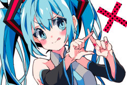 Rule 34 | 1girl, 3774., aqua eyes, aqua hair, aqua necktie, bare shoulders, black sleeves, commentary, detached sleeves, grey shirt, hair ornament, hands up, hatsune miku, head tilt, long hair, nail polish, necktie, red nails, shirt, sleeveless, sleeveless shirt, smile, solo, tongue, tongue out, twintails, upper body, v-shaped eyebrows, very long hair, vocaloid, white background, x, x fingers
