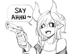 Rule 34 | 1girl, :d, aiko (less), aiming, bare shoulders, black sclera, camisole, colored sclera, commentary, demon girl, english commentary, english text, fangs, finger on trigger, greyscale, gun, handgun, holding, holding gun, holding weapon, horns, less, meme, monochrome, off shoulder, open mouth, original, pistol, pointy ears, scene reference, short hair, simple background, smile, solo, speech bubble, upper body, weapon, white background