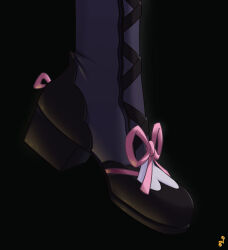 Rule 34 | 1girl, absurdres, artist logo, black background, black footwear, commentary, english commentary, feet only, footwear focus, genshin impact, high heels, highres, mohoshadream, pink ribbon, ribbon, simple background, solo, yun jin (genshin impact)