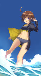 Rule 34 | 1girl, ahoge, arm up, bikini, black bikini, black jacket, breasts, brown hair, cloud, day, from below, highres, jacket, koyama keisuke, linne, long sleeves, looking at viewer, navel, open clothes, open jacket, open mouth, partially submerged, purple eyes, short hair, small breasts, solo, swimsuit, twitter username, under night in-birth, wading, water