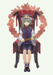 Rule 34 | 1girl, ankle cuffs, asymmetrical hair, black footwear, black skirt, blue hat, blue vest, buttons, chair, closed mouth, eyebrows hidden by hair, frown, full body, green eyes, green hair, grey background, hat, highres, holding, leg ribbon, looking at viewer, masakichi (mmw), medium hair, official art, on chair, red ribbon, ribbon, ribbon-trimmed skirt, ribbon trim, rod of remorse, shiki eiki, shoes, simple background, sitting, skirt, solo, strange creators of outer world, third-party source, touhou, vest, white ribbon, white sleeves