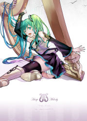 Rule 34 | 1girl, aqua eyes, aqua hair, bad id, bad pixiv id, boots, detached sleeves, female focus, gradient background, harp, hatsune miku, instrument, long hair, necktie, one eye closed, open mouth, panties, pantyshot, reika kanata, skirt, solo, striped clothes, striped panties, thighhighs, twintails, underwear, very long hair, vocaloid, white background, wink