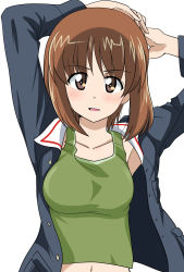 Rule 34 | 1girl, arms behind head, arms up, blue jacket, blush, breasts, brown eyes, brown hair, commentary, girls und panzer, green shirt, hands on own head, highres, jacket, light blush, long sleeves, looking at viewer, medium breasts, military, military uniform, navel, nishizumi miho, ooarai military uniform, open clothes, open jacket, open mouth, shirt, short hair, simple background, smile, solo, tank top, uniform, upper body, wakku kan, white background