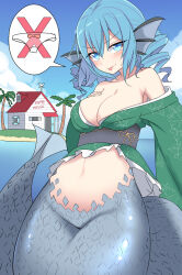 Rule 34 | 1girl, blue eyes, blue hair, blush, breasts, cleavage, cloud, cloudy sky, collarbone, day, dragon ball, drill hair, e.o., fins, green kimono, groin, hair between eyes, head fins, highres, house, island, japanese clothes, kame house, kimono, large breasts, long sleeves, mermaid, monster girl, navel, no panties, obi, palm tree, sash, short hair, sky, solo, tongue, tongue out, touhou, tree, wakasagihime, wide sleeves